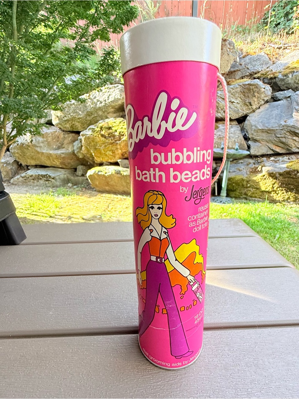 Vintage Barbie Bubbling Bath Beads Jergens Reusable Container Doll Tote 1974